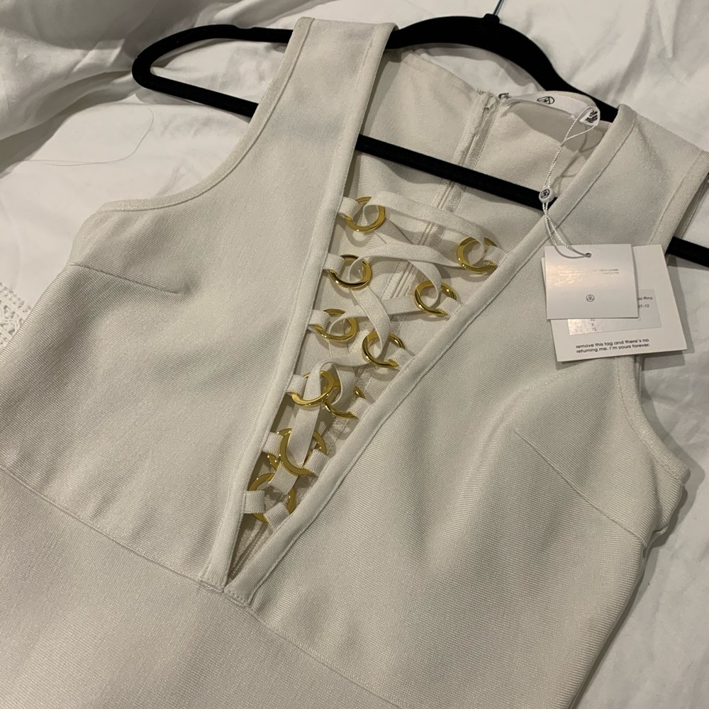 Misguided White bandage dress w/ front gold rings